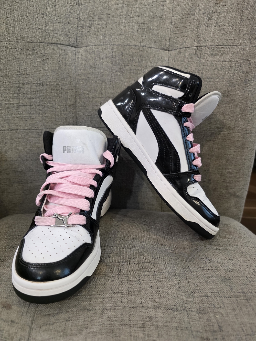 PUMA Rebound Layup Shine high-top sneakers in a black-and-white colorway